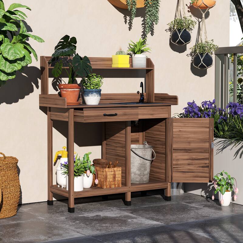 Outsunny Potting Bench Table with Faucet, Sink, Hooks and Storage Cabinet, Outdoor Prep Table Gardening Bench