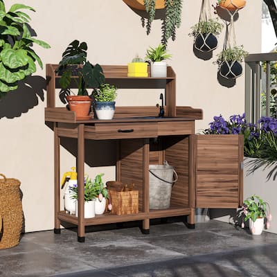 Outsunny Potting Bench Table with Faucet, Sink, Hooks and Storage Cabinet, Outdoor Prep Table Gardening Bench