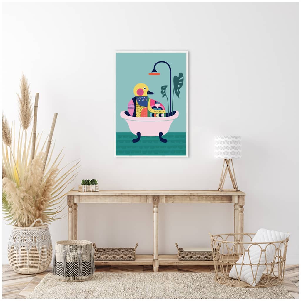 Kate and Laurel Sylvie Modern Teal Little Duckie in Bathtub Framed Canvas by Rachel Lee