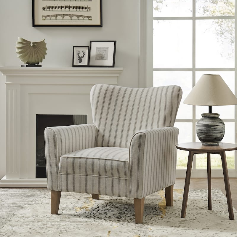 Warren Farmhouse Striped Wingback Chair with Solid Wood Legs by HULALA HOME - GREY
