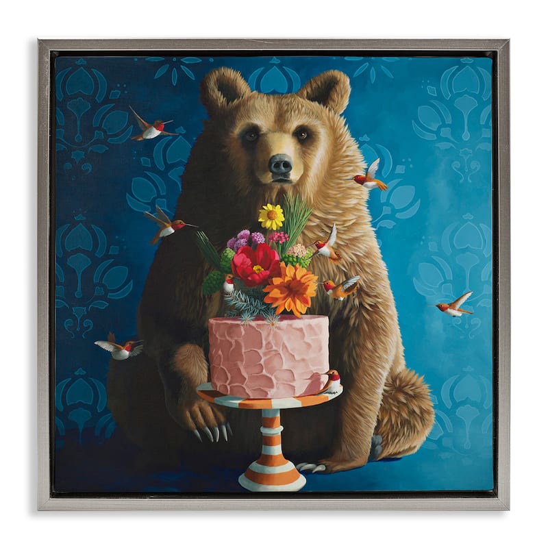 Stupell Bear with Sweet Dessert Cake Framed Floater Canvas Wall Art Design By Heather Gauthier - 25 x 25 - Grey