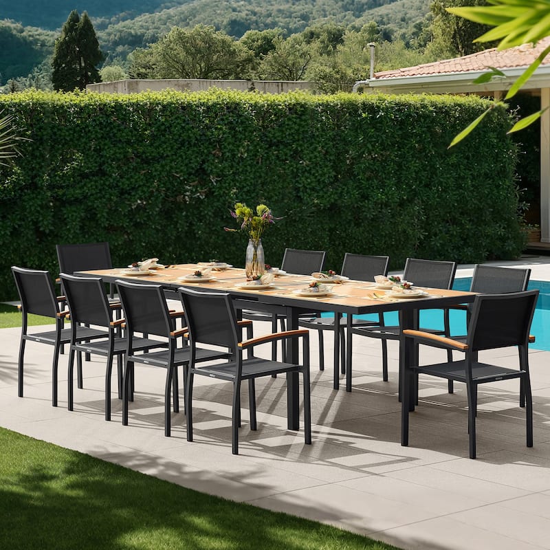 HIGOLD - Heck 11-Piece Teak Wood Patio Dining Set for 8 to 10, Extendable Dining Table & 10 Armchairs, Aluminum Frame - Black