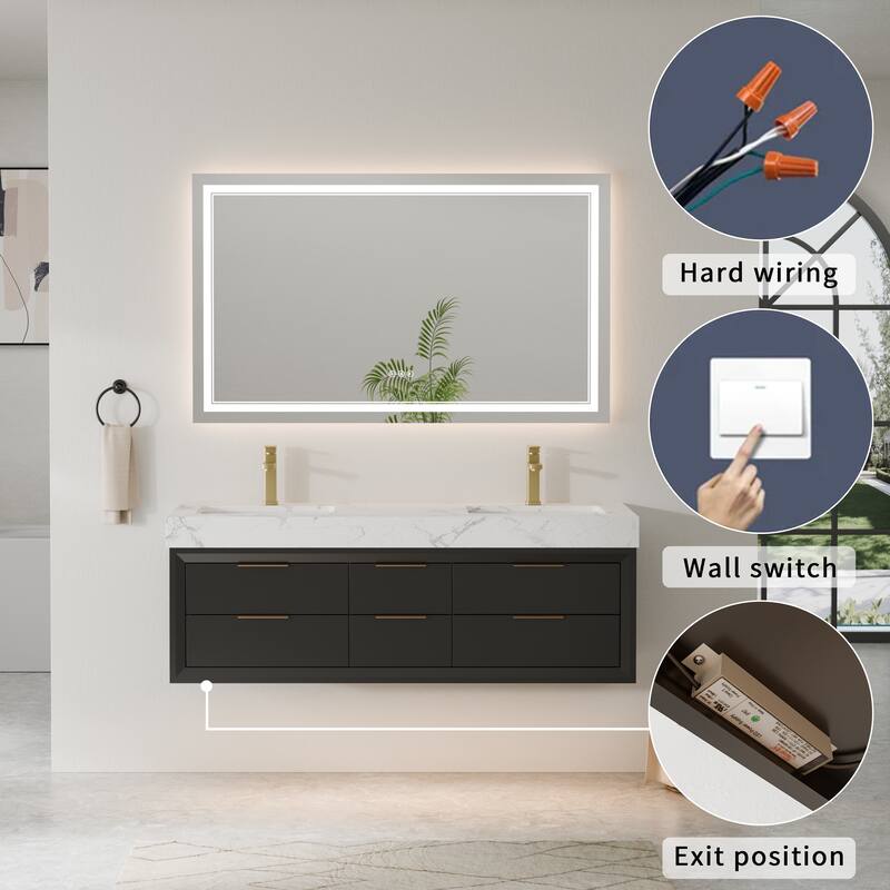 Modland 36/48/60 Inch Black Floating Bathroom Vanity with ETL LED Lights & Soft-Close Drawers, Waterproof Rubberwood