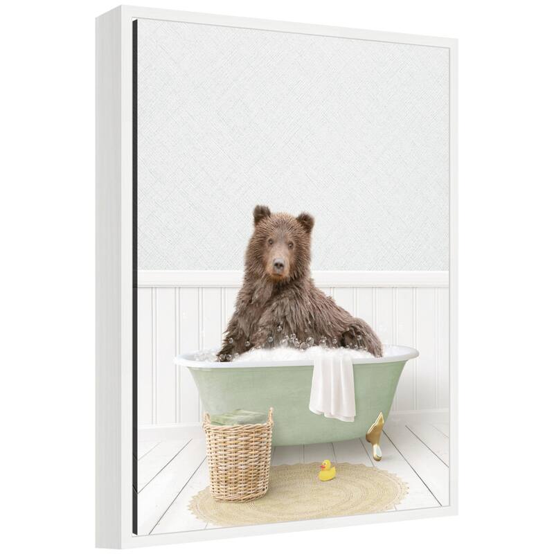 Kate and Laurel Sylvie Bear in Cottage Green Bath Framed Canvas by Amy Peterson - 18x24