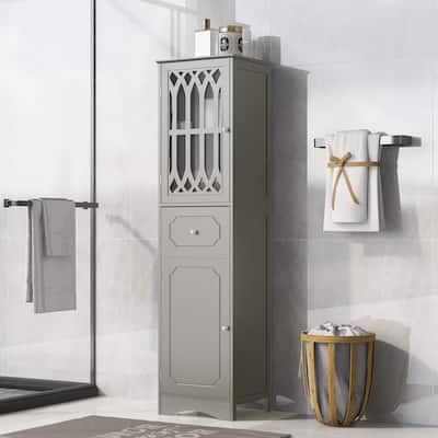 Gray Tall Cabinet with Drawer & Acrylic Door, Adjustable Shelf, MDF