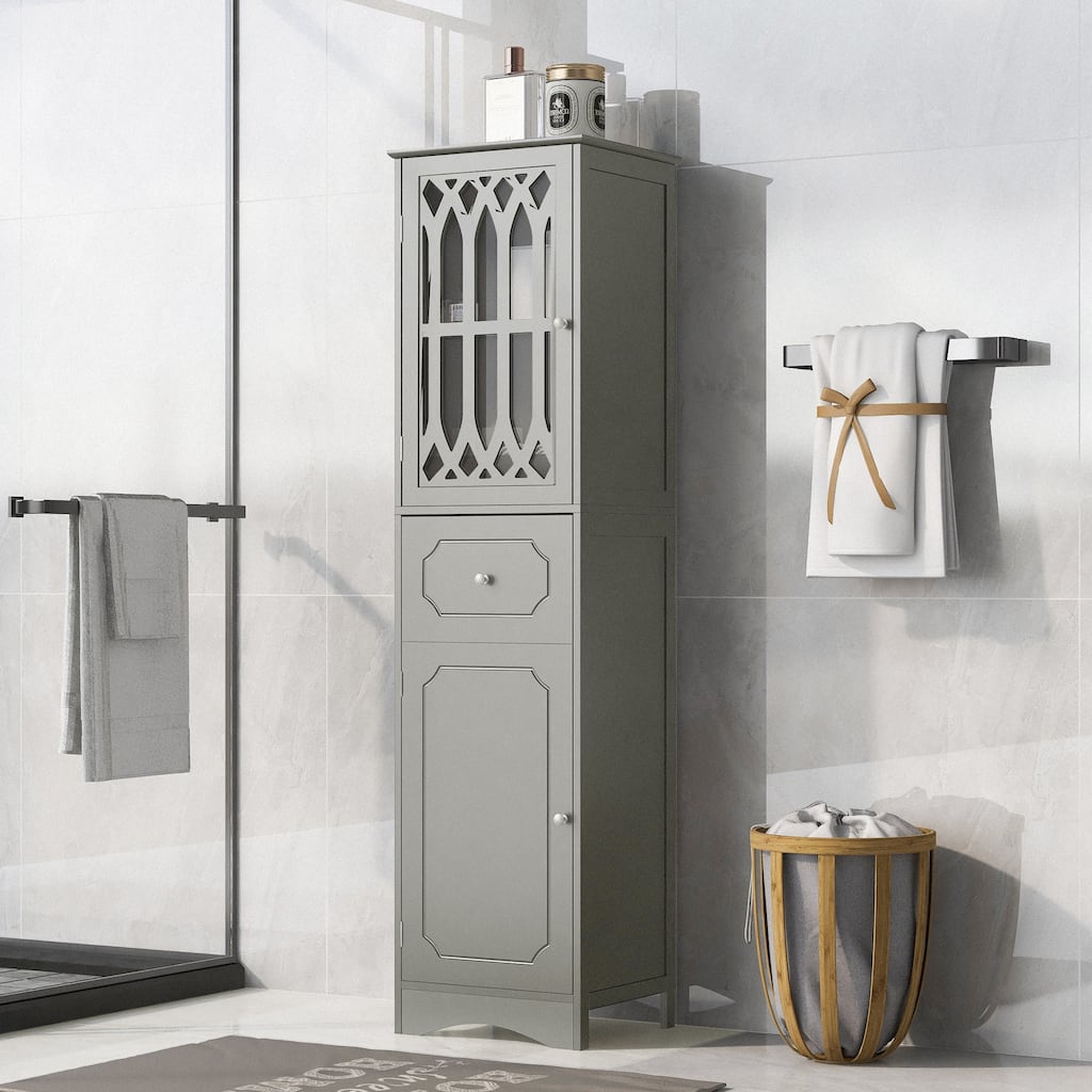 Tall Grey Bath Cabinet Drawer, Doors & Adjustable Shelf - MDF​​