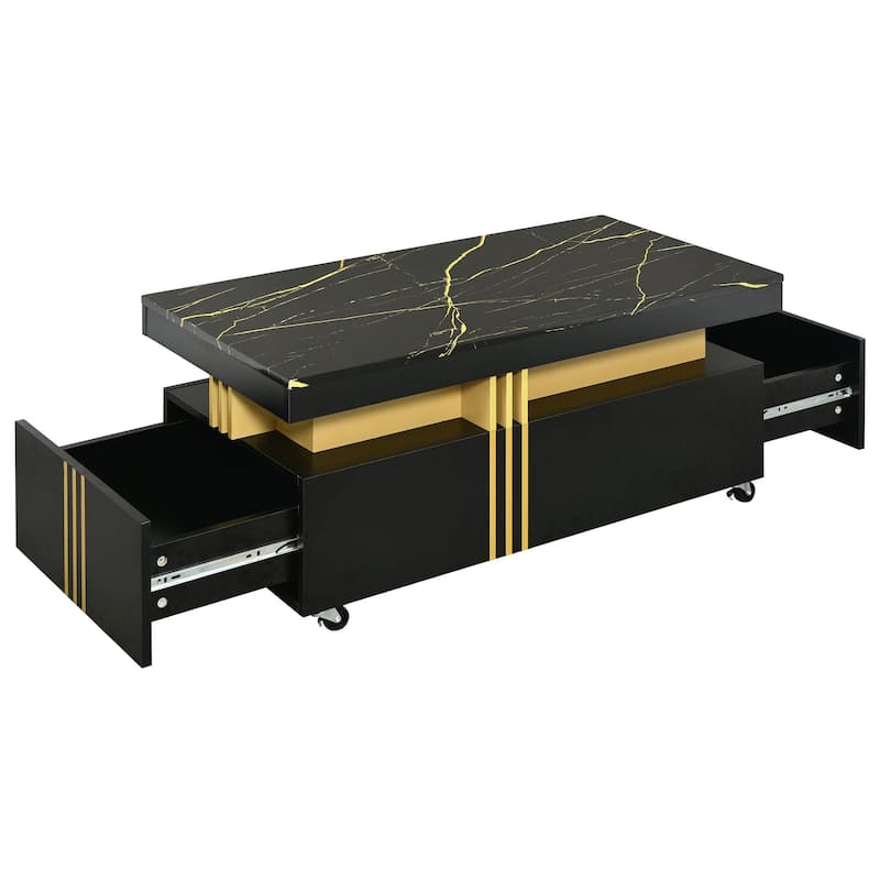 Coffee Table with Faux Marble Top Rectangle with Caster Wheels
