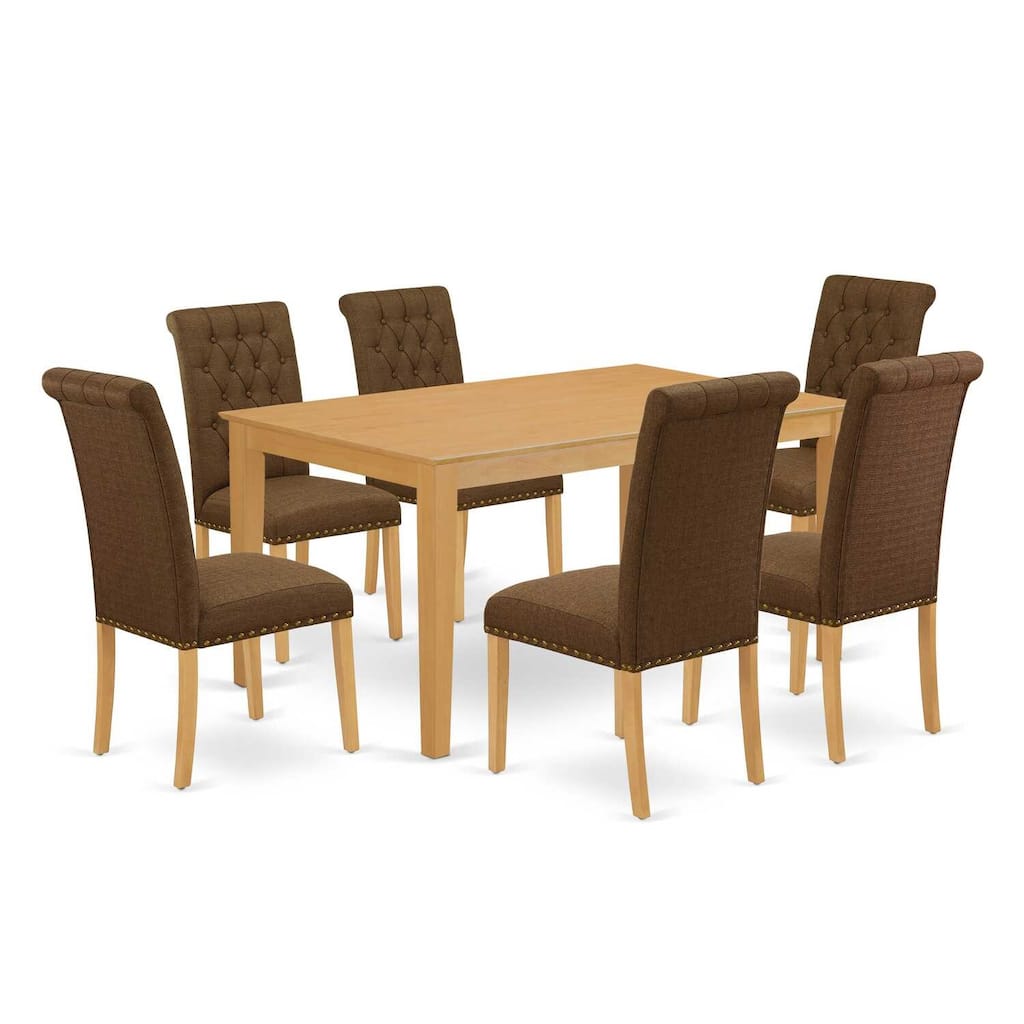 HomeStock 7-Piece Rectangle Natural Oak Finish Solid Wood Top Dining Table with 6-Parson Chairs with Lattice Back