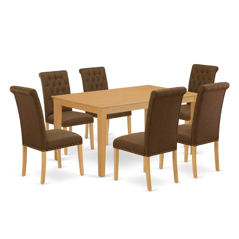 7Pc Dinette Set - Kitchen Table & 6 Parsons Chairs - Dark Coffee Fabric, Oak Finish - 60