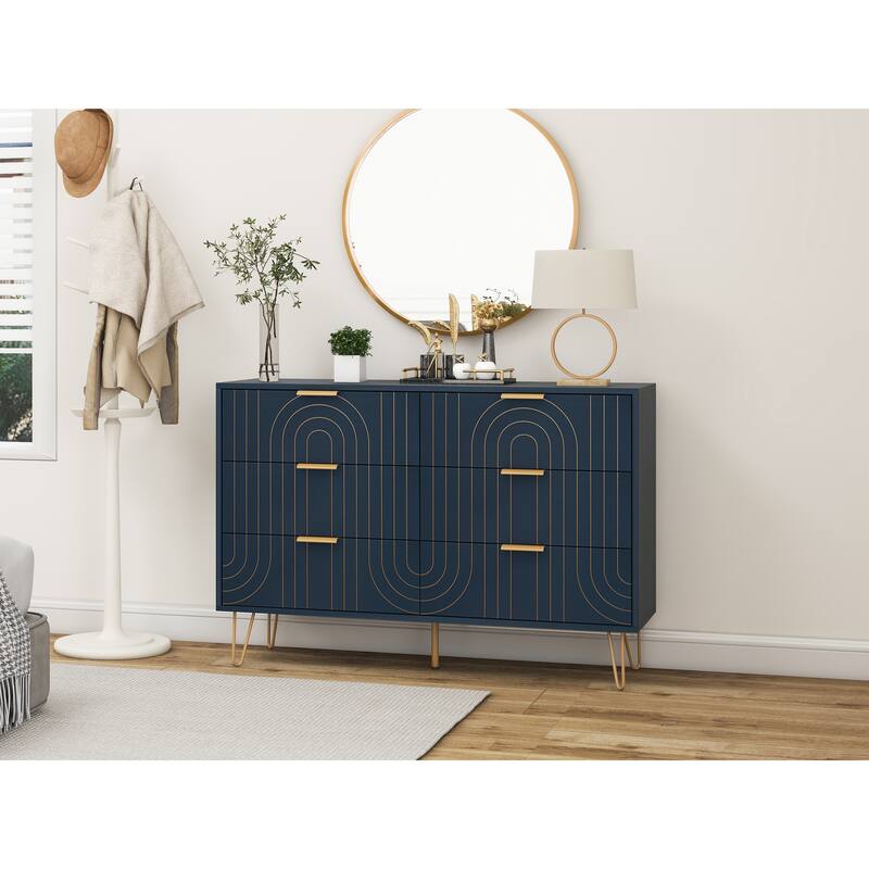 6 Drawer Dresser, Dresser with Metal Handles, Storage Chest of Drawer, Wide Dresser Drawer Organizers with Carving Design