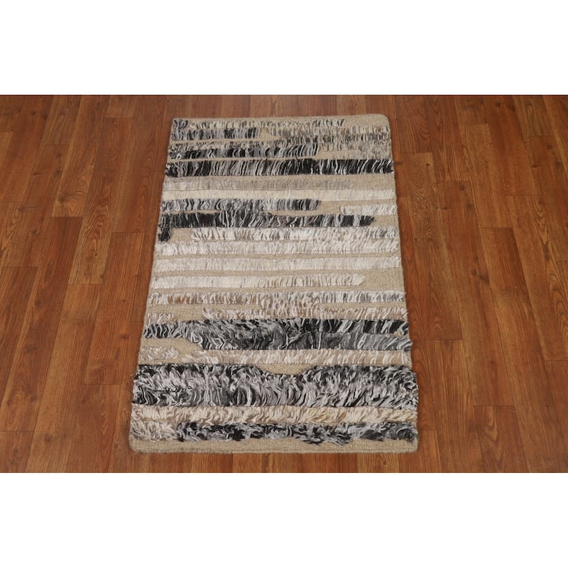 Striped Moroccan Modern Foyer Rug Hand-Knotted Wool Carpet - 2'0"x 3'0"
