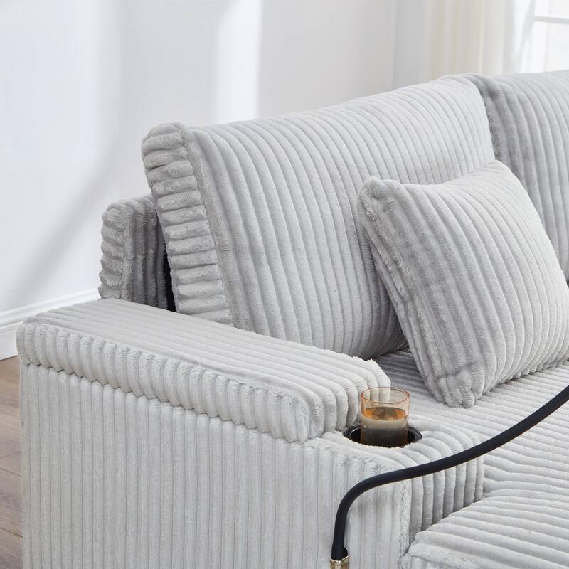 Corduroy Chaise Lounge Sofa Loveseat Sleeper Sofa with Adjustable Backrest, Cup Holders, Phone Holder and Dual Storage Armrest