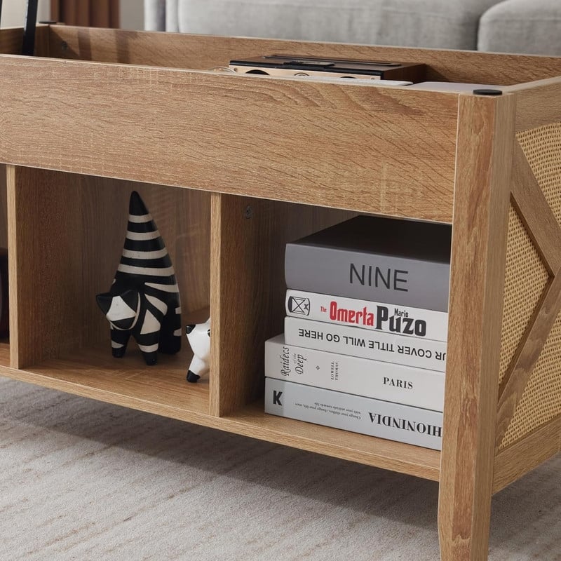 VINGLI Rectangular Oak-colored Particle Board with Bamboo Rattan Weaving, Extendable and Liftable Coffee Table