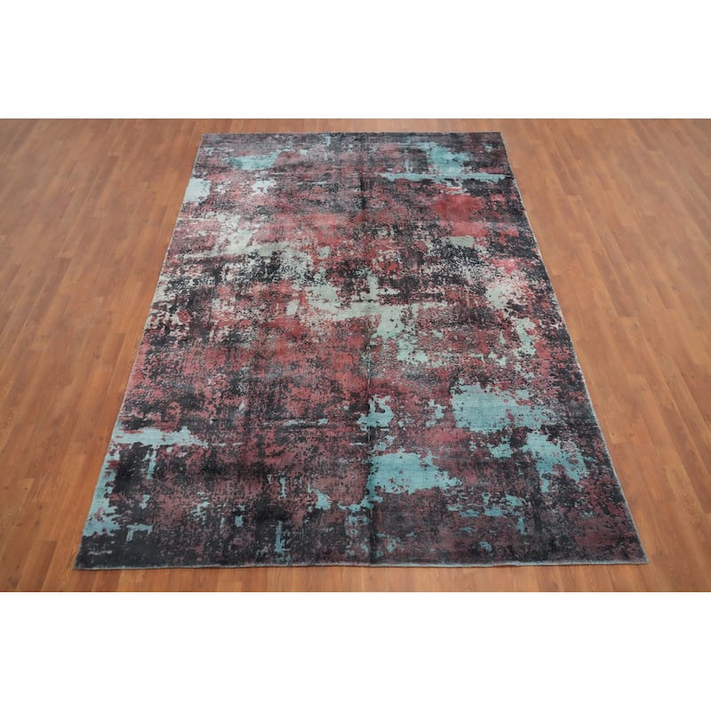 Hand Knotted Oriental Viscose Silk Carpet Modern Abstract Multi-Colored Abstract Area Rug - 9' 6'' X 6' 6''