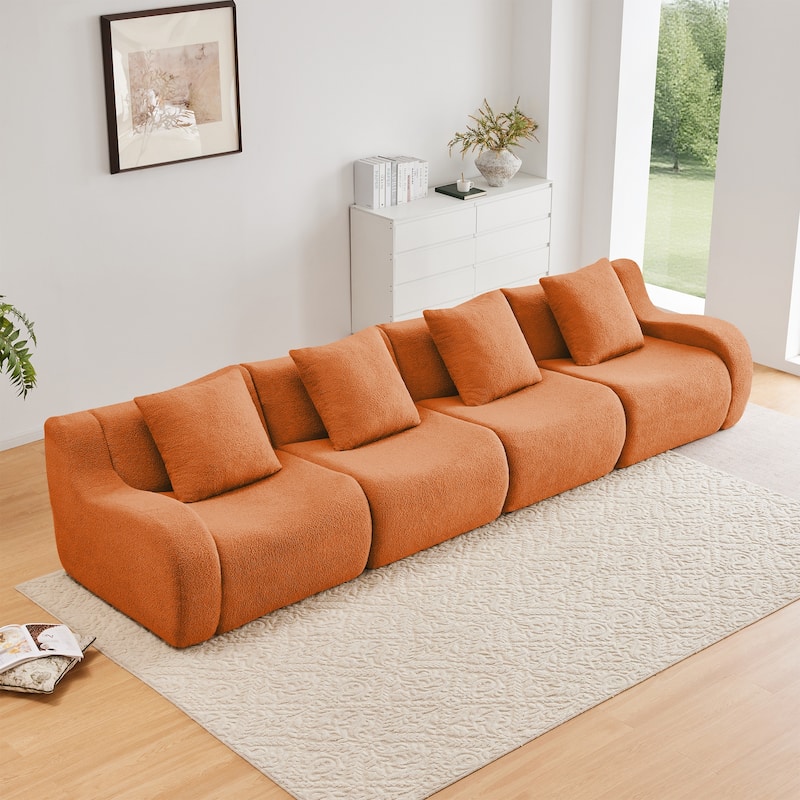 118" Teddy Fabric Boneless Couch, Upholstered 4-Seat Sofa with Curved Armrests, Modular Deep Seat Sofa, No Assembly Required