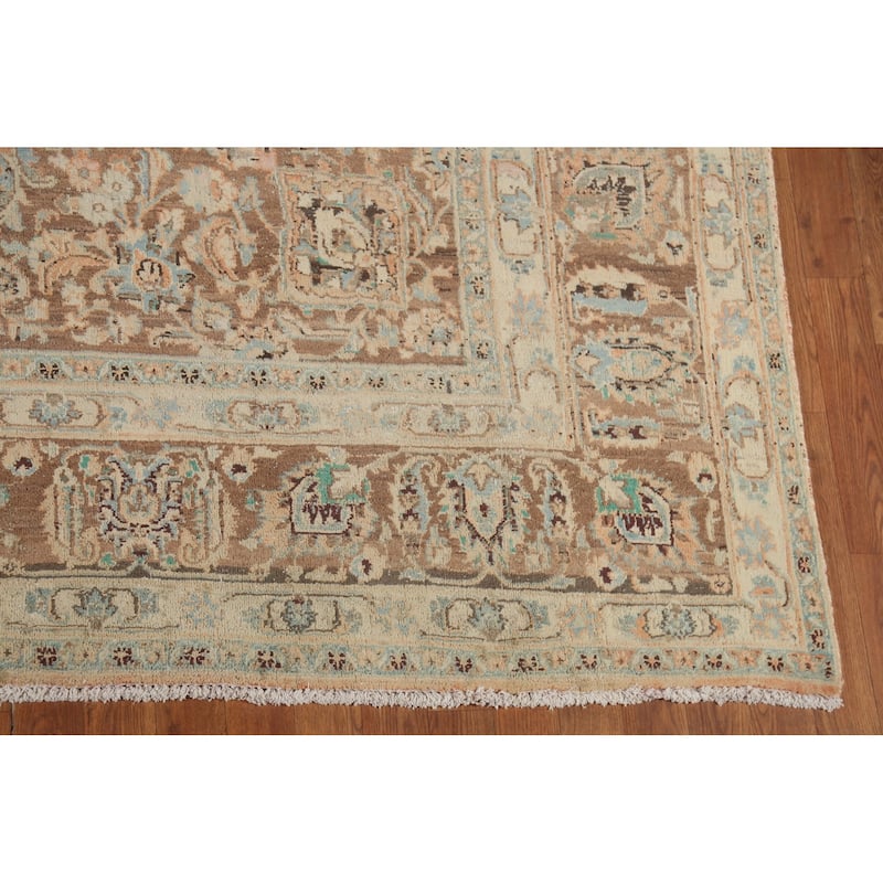 Orange Traditional Mashad Persian Vintage Rug Hand-Knotted Wool Carpet - 9'7"x 13'4"