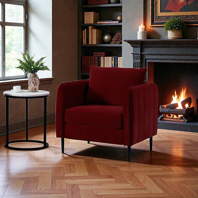 Velvet Accent Chair for Living Room, Mid Century Modern Single Sofa Chair with Pillow and Metal Legs - Wine Red