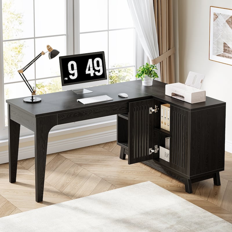 L-Shaped Desk with Storage Cabinet, 57-Inch Wood Corner Workstation