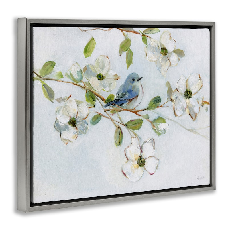 Stupell Bird Perched on Dogwood Framed Floater Canvas Wall Art Design By Sally Swatland
