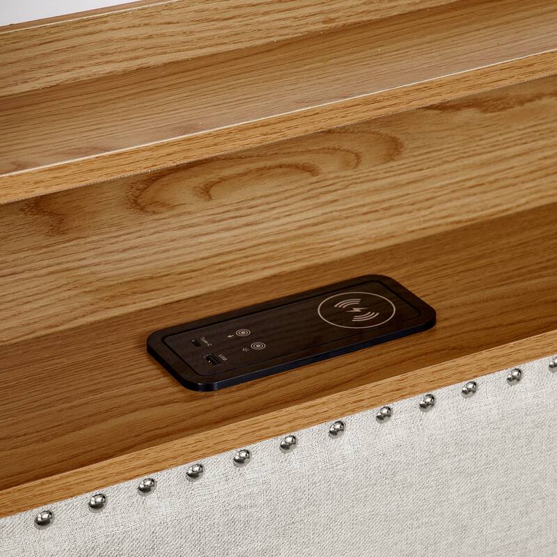 Anmytek Beige Linen Upholstered Twin Sofa Bed with LED Lights and Wireless Charging