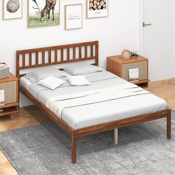 Platform Bed Walnut Back Rests Full Platform Bed with Headboard Solid Wood Leg Mattress Walnut - Bed ...