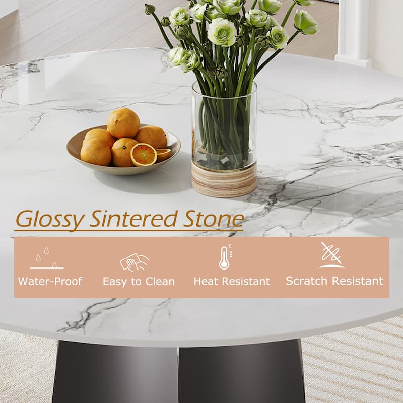 59" Modern Round Dining Table for 6,White Glossy Sintered Stone Table top, Black Carbon Steel Base - 59.06"
