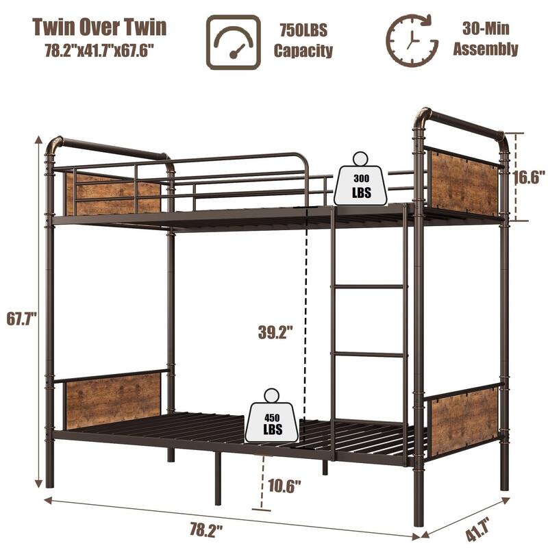 Heavy Duty Twin Size Convertible Bunk Bed with Guardrail & Ladders