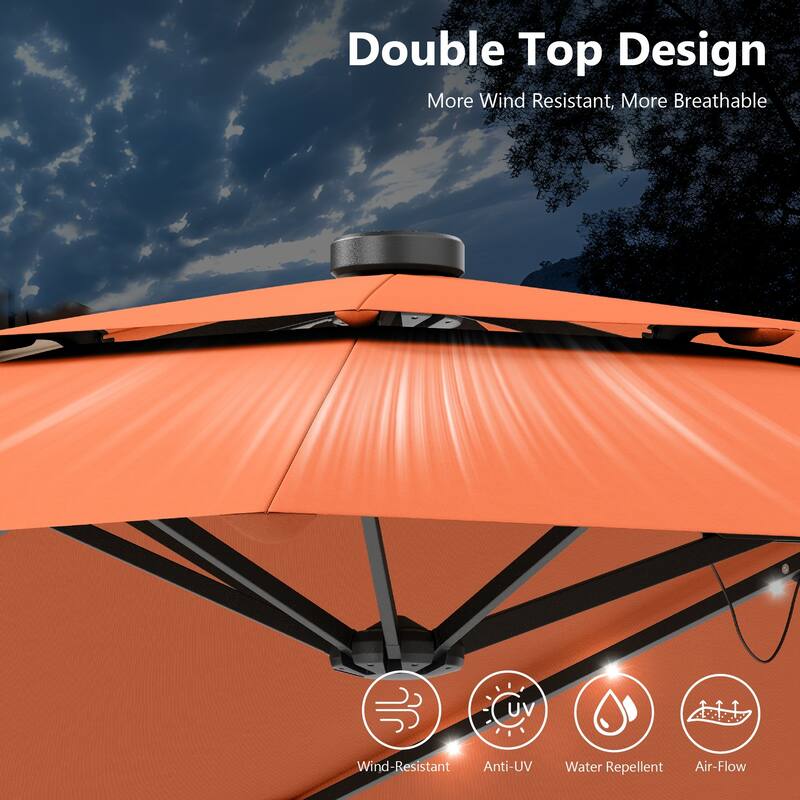 MAISON ARTS 15ft 2-Tier Large Patio Umbrella with Solar Lights, Double-Sided Outdoor Market Umbrellas with Base Included