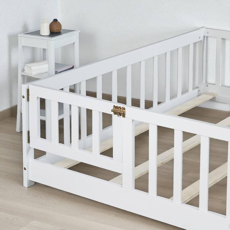 Full Size Rubber Wood Floor Bed with Fence, Door and Safety Guardrails for Kids