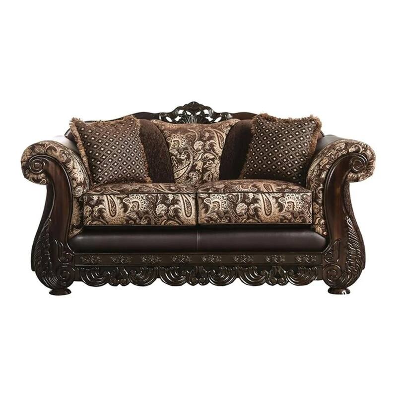 Delie 2pc Sofa Loveseat Set, Brown Gold Chenille, 4 Accent Pillows