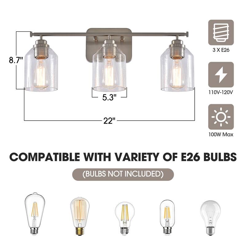 Modern Brushed Nickel 3-Light Seed Glass Dimmable Bathroom Vanity Light Fixture - 22" W x 8.75" H