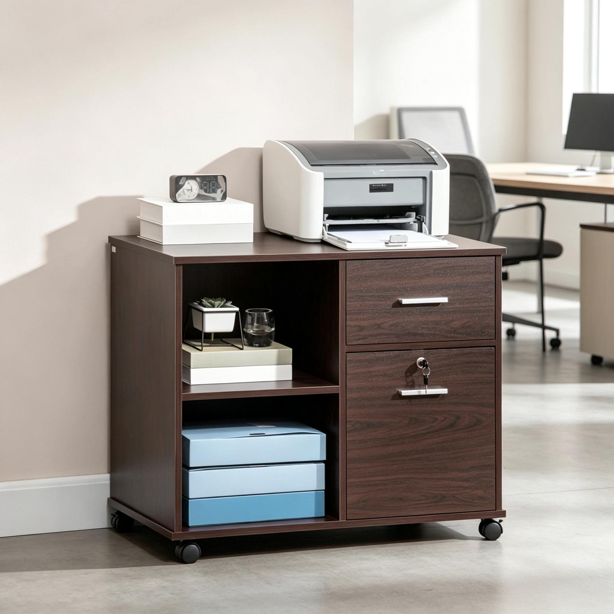 Versatile Under-Desk Storage Unit,Mobile Filing Cabinet with Lockable Drawers and Open Storage,Compact File Cabinet,Functional