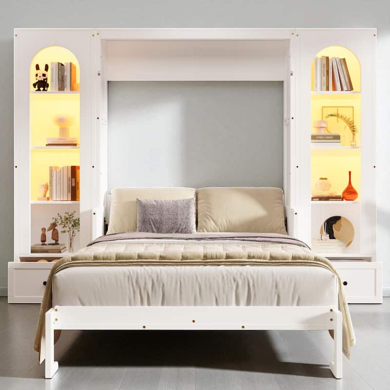 Queen Size Murphy Platform Bed with LED Shelves, Side Cabinets, Desk Panel and Storage Drawers - White - Queen
