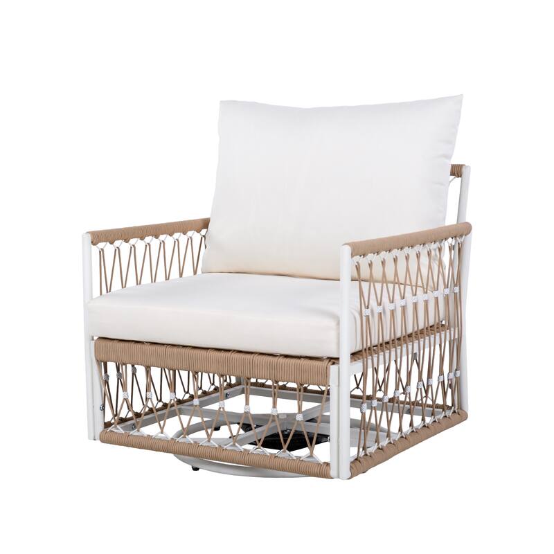 3-Piece Bohemian Outdoor Furniture Set with 2 Swivel Chairs & Tempered Glass Side Table, Waterproof Patio Conversation Set