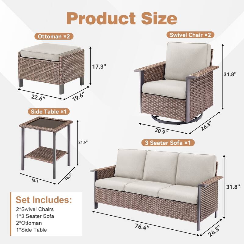 Pocassy Outdoor Wicker 5-Piece Sofa Swivel Chair Table with Ottoman