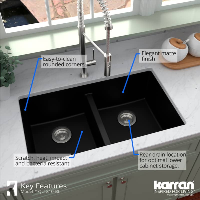 Karran 32" Undermount Double Equal Bowl Quartz Kitchen Sink Kit - 32" x 19.5" x 9"