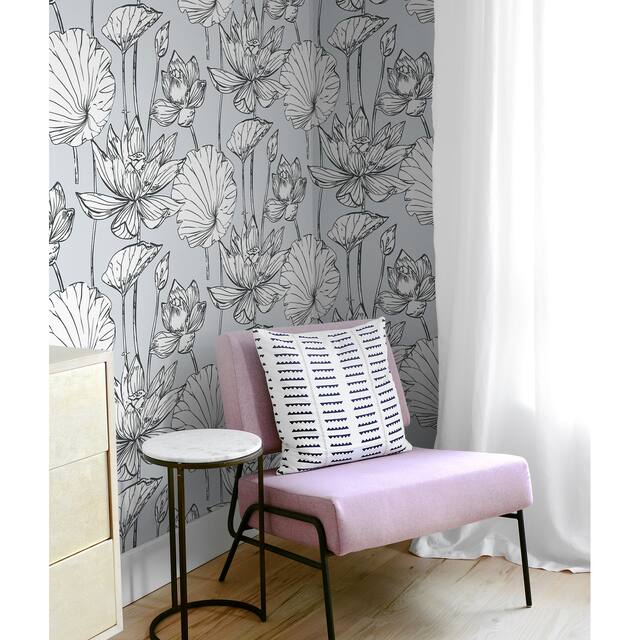 NextWall Lotus Floral Peel and Stick Wallpaper - 20.5 in. W x 18 ft. L - Grey