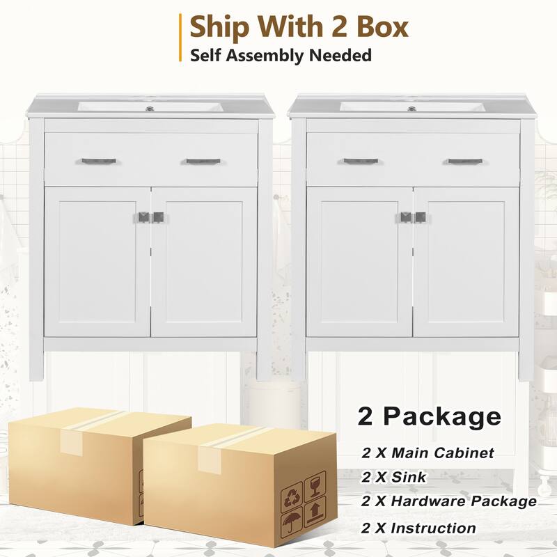 Set of 2 Vanity for Bathroom with Double Ceramic Sinks, 60" Modern Storage Cabinet with Flip-down Drawers and Door Organizers
