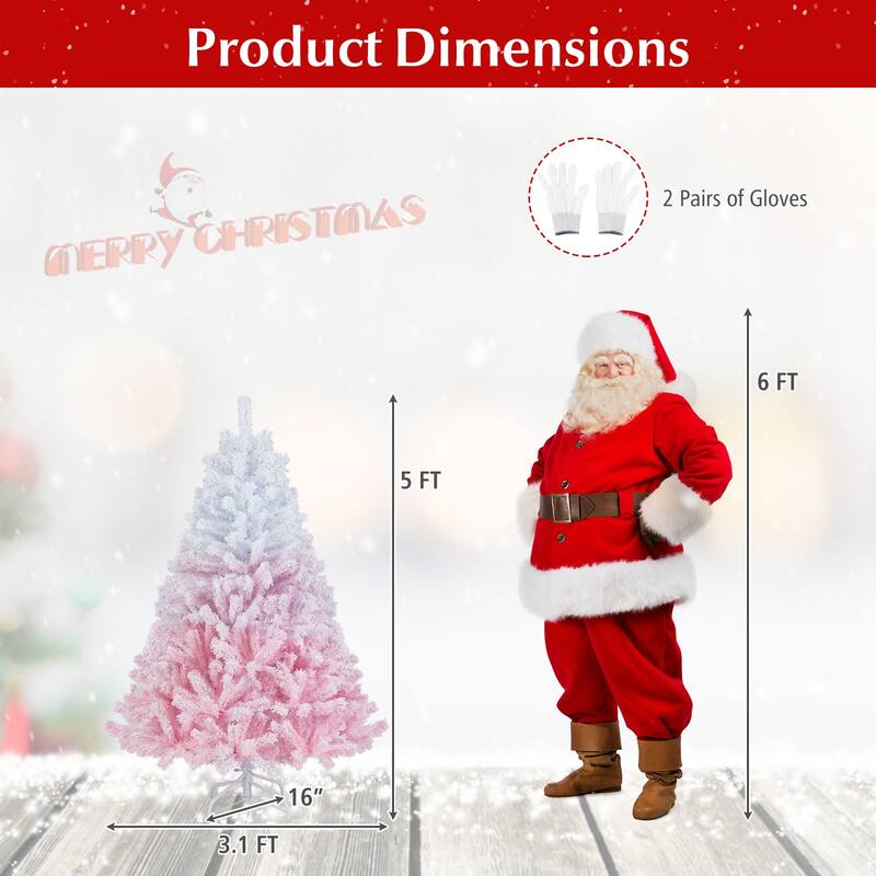Gymax Artificial Christmas Tree Hinged Snow Flocked Xmas Tree w/ Lush - Pink, White