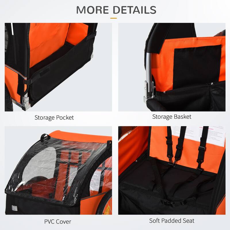 Aosom 2-Seat Kids Child Bicycle Trailer with a Strong Steel Frame, 5-Point Safety Harnesses, & Comfortable Seat