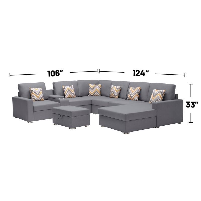 Linen Fabric 8 Piece U-Shaped Reversible Chaise Sectional Sofa with Interchangeable Legs and 6 Pillows