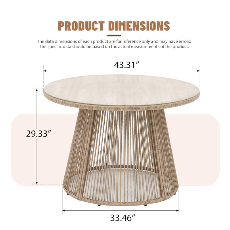 Modern Outdoor Round Glass Top Table with Woven Rattan Base