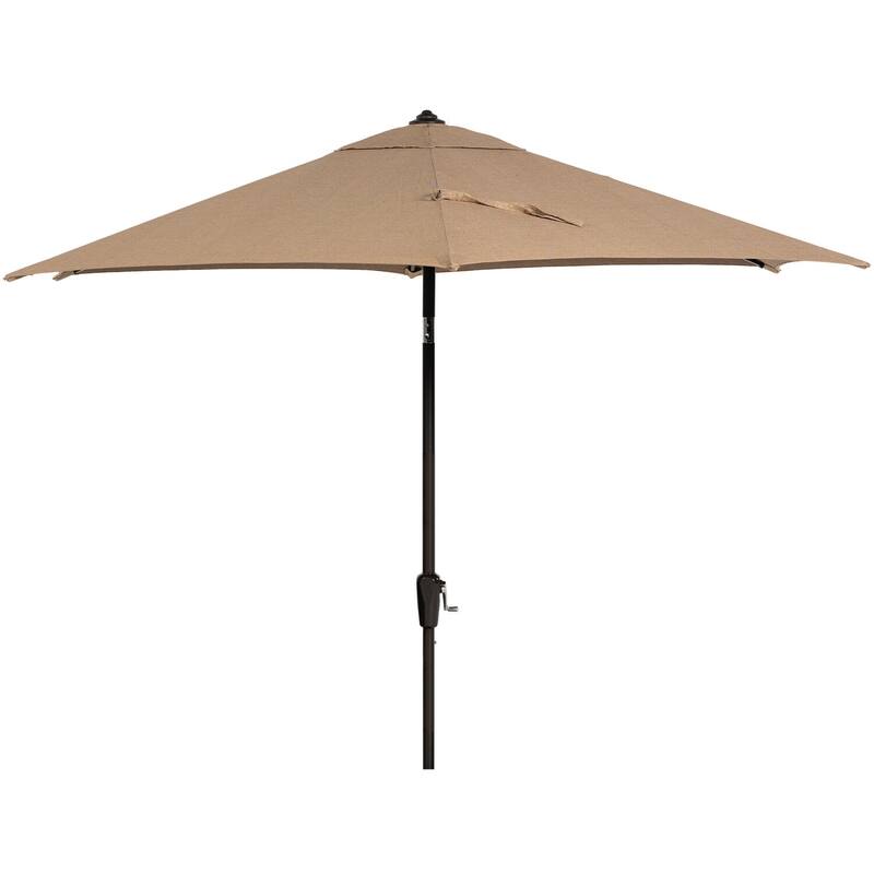 Hanover Montclair 7-Piece Dining Set in Tan with 6 Swivel Rockers, 40-In. x 66-In. Dining Table and 9-Ft. Umbrella
