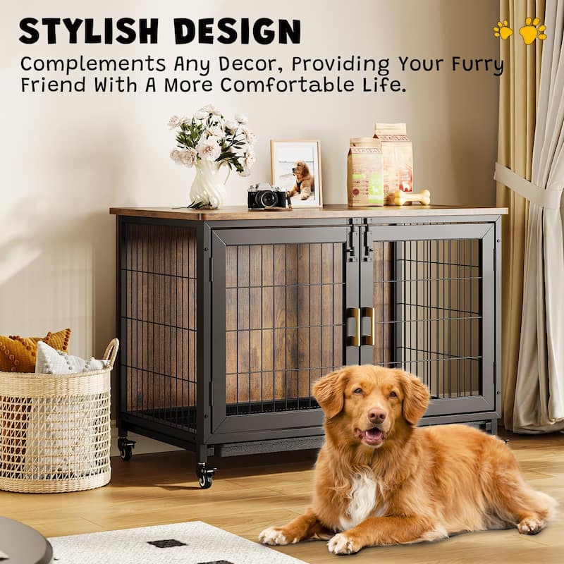 Wooden Dog Crate Furniture with Wheels, Pull-Out Tray, Dual Doors
