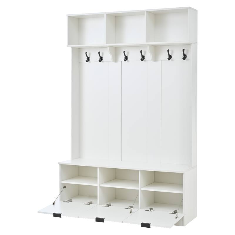 Country-Style Coat Rack Multi-Functional with 3 Cabinets and 3 Storage Coat Racks, Warm White