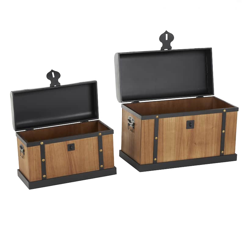 Wooden Storage Decorative Trunk with Black Metal Tops and Gold Studs - Set of 2 Brown - Roche River Decor