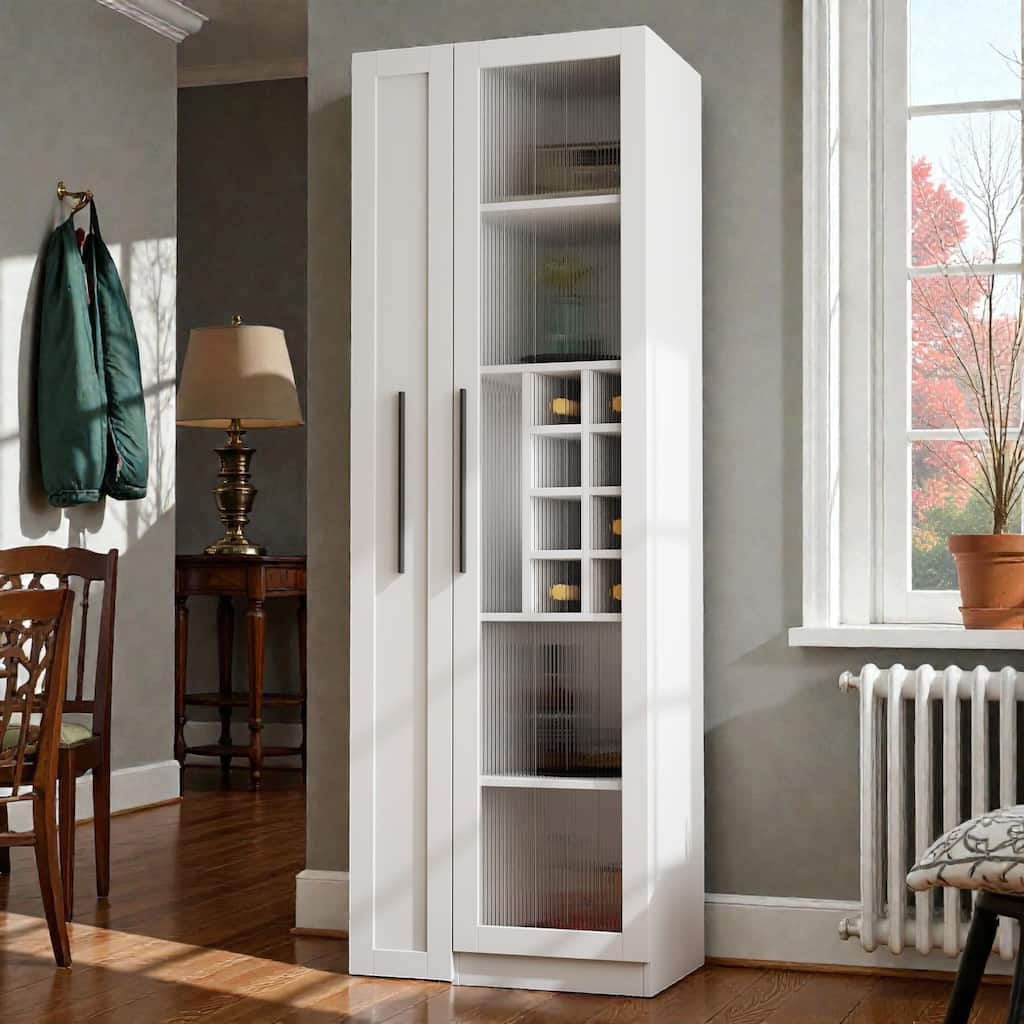 Farmhouse Kitchen Pantry Cabinet with Multi-Tier Pull-Out Storage Shelf & Glass Doors, Tall Food Storage Organizer