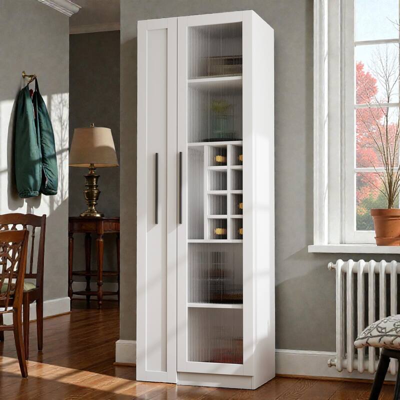 Farmhouse Kitchen Pantry Cabinet with Multi-Tier Pull-Out Storage Shelf & Glass Doors, Tall Food Storage Organizer - White