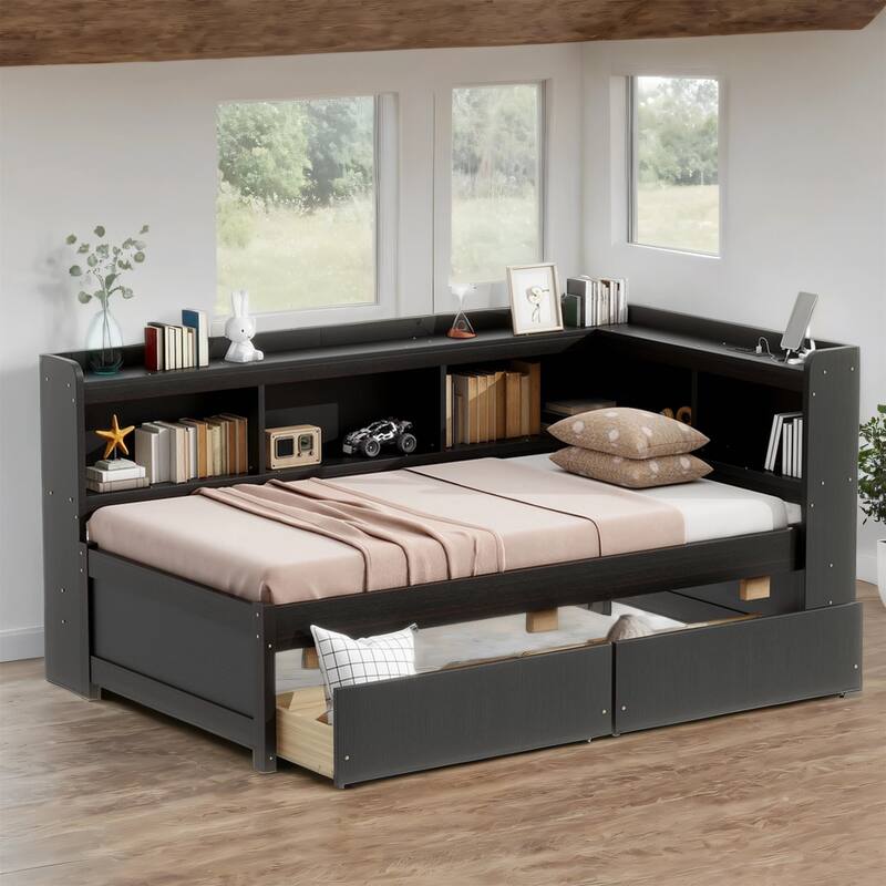 Twin Size Bookcass Bed w/ Power Outlets, USB Ports,2 Drawers,L-shaped