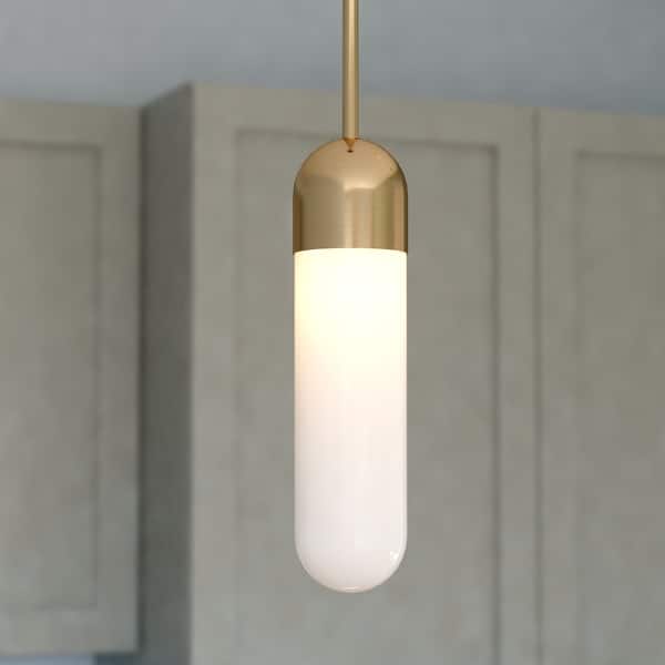 slide 2 of 11, Thalia Contemporary Mini Pendant Ceiling Light White Pill Glass Antique Gold - 4.75-in W x 15.5-in H x 4.75-in D